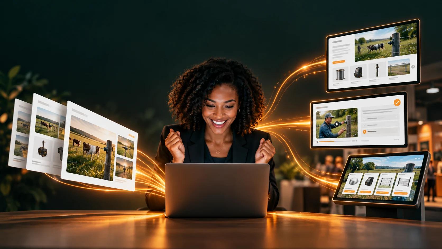 Joyful professional with orange light connecting PowerPoint content to sales, education and retail experiences